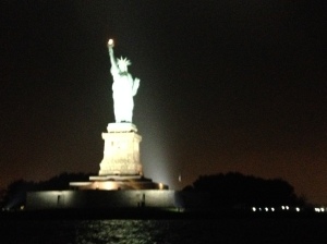 The Statue of Liberty at night, shot from the yacht Manhattan.